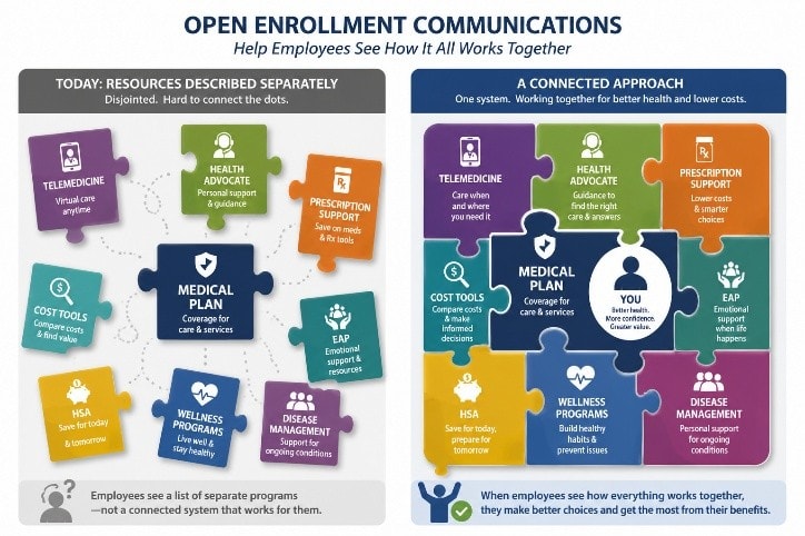 Open Enrollment Communications infographic showing how connected benefits resources improve employee outcomes